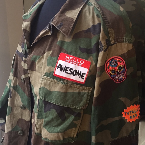 Recycled Camo Army Jacket w/custom patchwork - Picture 3 of 7